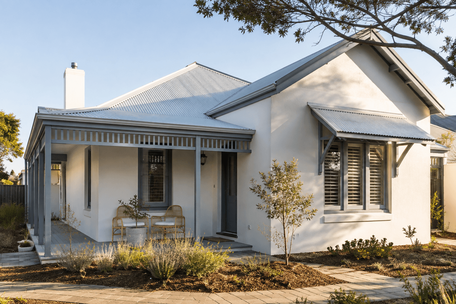 softly painted Western Australian coastal home with blue-grey details and native planting